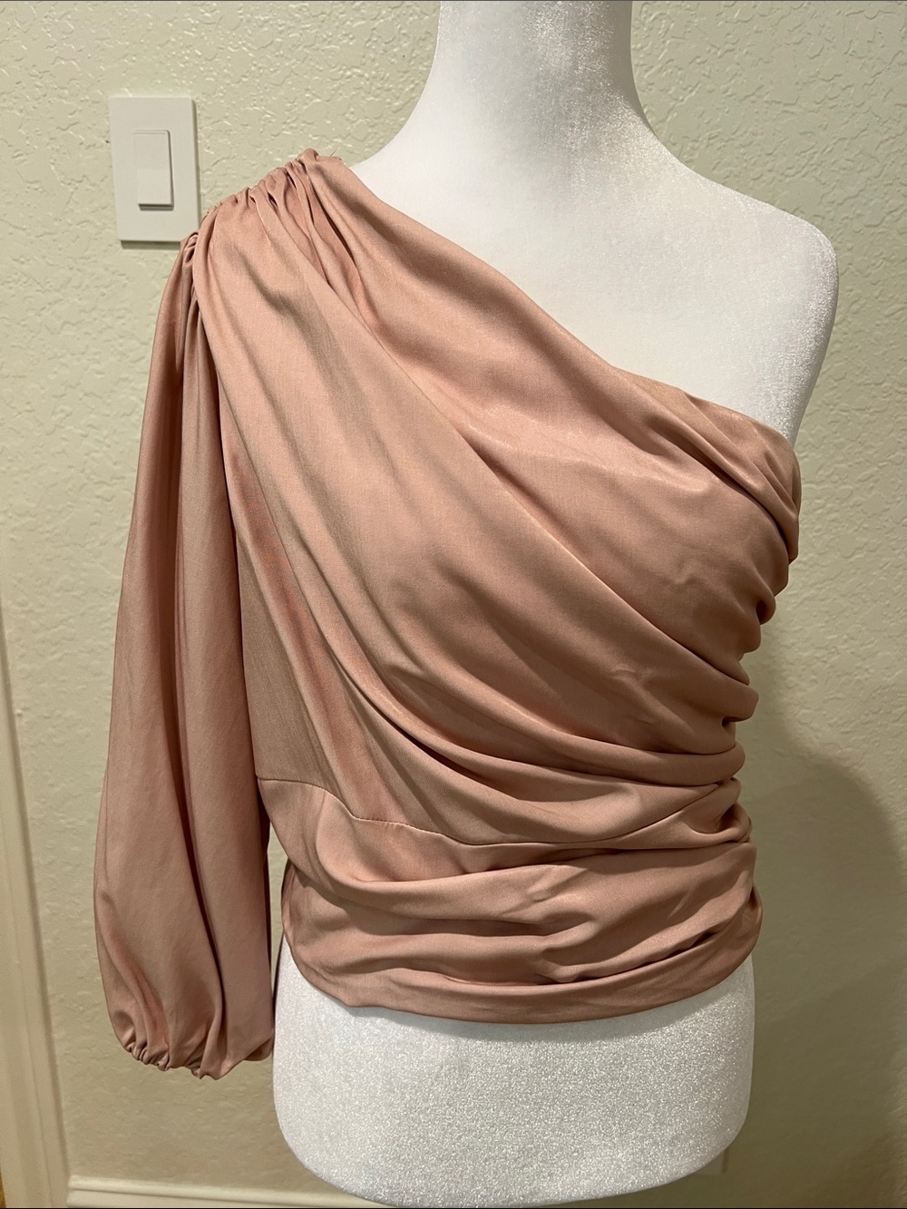 HYFVE One-Shoulder Draped Blouson Top in Dusty Rose